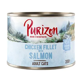 Comparer les prix de Offre d'essai : Croquettes, boîtes et friandises Purizon pour chat - Boîte à l'unité filet de poulet, saumon (1 x 200 g)