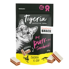 Meilleurs prix pour Tigeria Sandwich Friandises poulet, cabillaud 100 g pour chat - poulet, cabillaud 3 x 100 g