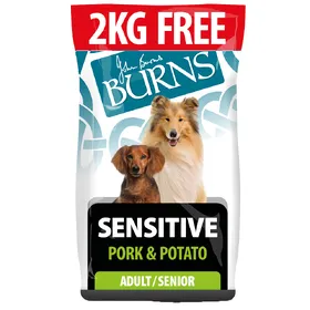 Meilleurs prix pour Sensitive+ porc, pomme de terre Burns croquettes pour chien + 2kg offerts !