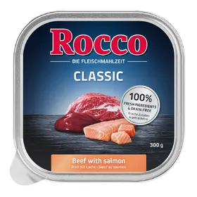 Comparer les prix de Rocco Classic en barquettes bœuf, saumon - Pâtée pour chien