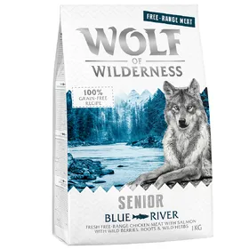 Meilleurs prix pour Wolf of Wilderness Senior Blue River poulet élevé en liberté, saumon pour chien - 5 x 1 kg