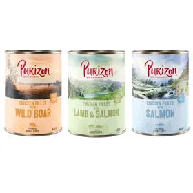 Meilleurs prix pour Lot Purizon Adult 24 x 400 g - sans céréales pour chat - lot mixte (2 x sanglier, 2 x saumon, 2 x agneau)