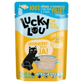 Comparer les prix de 12x70g Extra Food poulet et thon en bouillon Lucky Lou nourriture humide pour chat