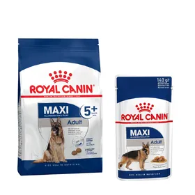 Comparer les prix de Pack bi-nutrition : croquettes + sachets Royal Canin Maxi pour chien - croquettes Adult 5+ (15 kg) + sachets Adult (10 x 140 g)