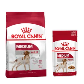 Meilleurs prix pour Pack bi-nutrition : croquettes + sachets Royal Canin Medium pour chien - croquettes Adult (15 kg) + sachets Adult (10 x 140 g)