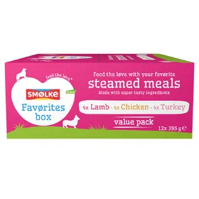Comparer les prix de 12x395g Smølke Steamed Meal mélange de favoris (3 variétés) pâté pour chien