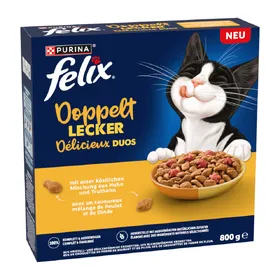 Comparer les prix de 2x800g Felix Délicieux duos poulet et dinde nourriture sèche pour chat