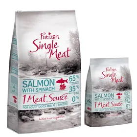 Comparer les prix de Single Meat Adult saumon, épinards Purizon Croquettes pour chien + 2 kg offerts !