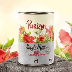 Comparer les prix de Offre d'essai : croquettes, boîtes et friandises Purizon pour chien - Boîte à l'unité Single Meat bœuf, fleurs d'hibiscus (400 g)