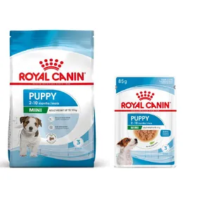 Comparer les prix de Pack bi-nutrition : croquettes + sachets Royal Canin Mini pour chien - croquettes Puppy (8 kg) + sachets Puppy (12 x 85 g)