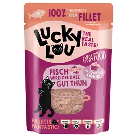 Comparer les prix de 12x70g Extra Food Filet de thon en bouillon Lucky Lou nourriture humide pour chat