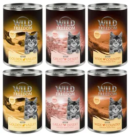 Comparer les prix de Wild Freedom Kitten 6 x 400 g pour chaton lot mixte : 2 x Great Desert, 2 x Wide Country, 2 x Golden Valley