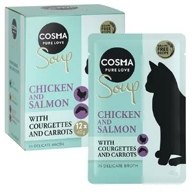 Comparer les prix de 12x40g Cosma Soup blanc de poulet, saumon, courgette, carotte - Pâtée pour chat