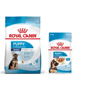 Comparer les prix de Pack bi-nutrition : croquettes + sachets Royal Canin Maxi pour chien - croquettes Puppy (15 kg) + sachets Puppy (10 x 140 g)
