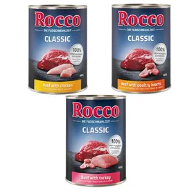 Comparer les prix de Lot Rocco Classic 12 x 400 g pour chien - lot mixte à la volaille : bœuf et poulet, bœuf et cœurs de volaille, bœuf et dinde