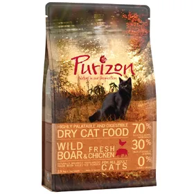 Comparer les prix de Pack transition chaton: 2,5kg Croquettes Purizon Kitten sans céréales + 2,5kg Adult sanglier