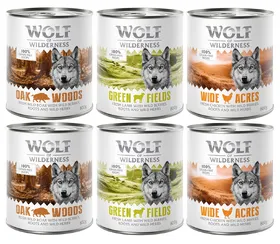 Comparer les prix de Little Wolf of Wilderness 6 x 800 g pour chiot - Lot mixte Junior : 4 x canard & veau, 2 x poulet & saumon