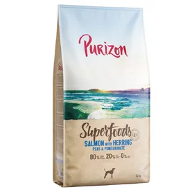 Comparer les prix de 12kg Purizon Superfoods saumon avec hareng, petits pois et grenade croquettes pour chiens
