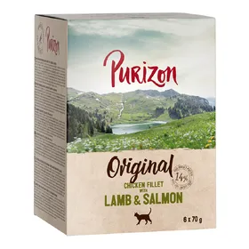 Comparer les prix de Purizon Adult 6 x 70 g pour chat - sans céréales - filet de poulet, agneau, saumon