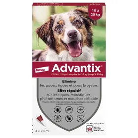 Comparer les prix de Advantix® chien moyen, de 10 kg à 25 kg - 4 mois de protection (4 pipettes)