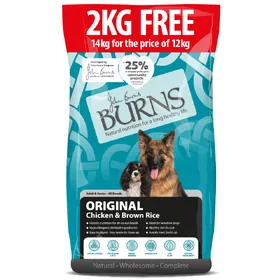 Comparer les prix de Original poulet, riz brun Burns croquettes pour chien + 2kg offerts !