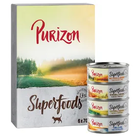 Comparer les prix de Purizon Superfoods 6 x 70 g pour chat - lot mixte (2 x poulet, 2 x thon, 1 x sanglier, 1 x gibier)