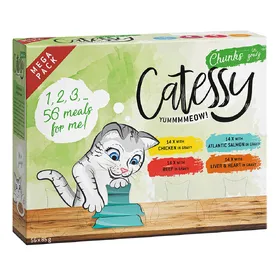 Comparer les prix de 56x85g Lot mixte 4 saveurs Catessy Bouchées en sauce pour chat : -25 % !