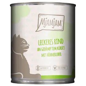 Comparer les prix de 800g de délicieux bœuf à la courge cuite à la vapeur MjAMjAM nourriture pour chat humide