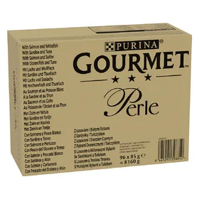 Comparer les prix de Jumbopack Gourmet Perle 96 x 85 g pour chat - saumon & poisson blanc, sardine & thon, saumon & lieu, poisson & thon