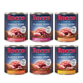 Comparer les prix de Lot Rocco Classic Pork 12 x 800 g pour chien lot mixte : bœuf/agneau, poulet/dinde, poulet/veau, bœuf/cœurs de volaille, poulet/saumon, bœuf/poulet