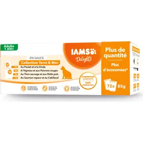 Comparer les prix de Iams Delights Adult Land & Sea Collection pâtée à la viande & au poisson en sauce pour chat (72x85g) 72 x 85 g