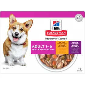Meilleurs prix pour Hill's Adult Small & Mini mijoté au poulet et aux légumes, au bœuf et aux légumes multipack pour chien 2 boîtes (24 x 80 g)