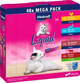 Comparer les prix de Liquid Snack Méga Pack x48 Poulet + Saumon + Pâté de foie + Bœuf & herbe à chat - Lot de 2 - Lot de 48