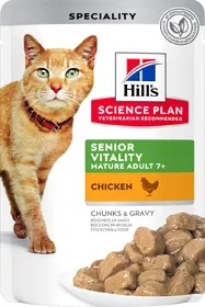 Comparer les prix de Pack de 12 Pâtées HILL'S Science Plan 7+ Senior Vitality 85g poulet et saumon pour chat Senior - 4 x 12x85g