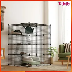 Comparer les prix de Enclos 4 niveaux - AKOZON - 10535 - Modulable 63 panneaux - 105x105x140 cm - Noir
