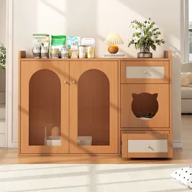 Comparer les prix de Meuble litière chat 5-en-1 avec porte en verre et tiroirs Maisentiel