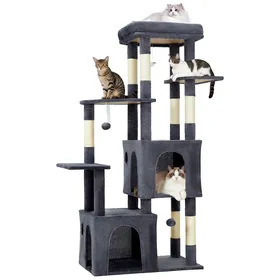 Meilleurs prix pour Arbre à chat robuste 155 cm Multi-niveaux grands chats perchoir XL 2 niches poteaux à griffer en sisal jouets suspendusGris