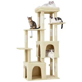 Comparer les prix de Arbre à chat robuste 155 cm Multi-niveaux grands chats perchoir XL 2 niches poteaux à griffer en sisal jouets suspendusBeige