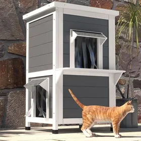 Comparer les prix de Niche Cat House - Cabane 2 étages bois résistante intempéries toit gris & blanc 60x60x81.5cm - Pour chat confortable