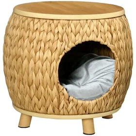 Meilleurs prix pour Niche pour chat ，Grotte pour chat en herbe de jacinthe deau coussin lavable 44 x 43 x 42 cm，Marron clair+bois naturel+gris