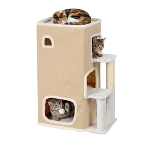 Meilleurs prix pour Relaxdays maison pour chat 3 étages niche avec balle & griffoir intérieur H x L x P : 835 x 43 x 34 cm tissu beige
