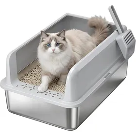Comparer les prix de Litière pour Chat Ouverte en Acier Inoxydable avec PelleBac à Litière XXL sans Couvercle pour Grands Gris 58 x 38 x 26 cm
