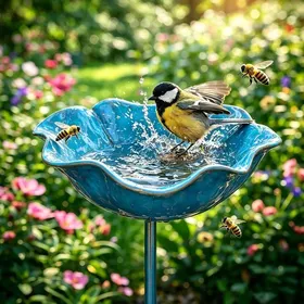 Meilleurs prix pour Bain doiseaux abreuvoir abeilles en métal bleu – motif fleur résistant intempéries décoration artisanale élégante pour jardin