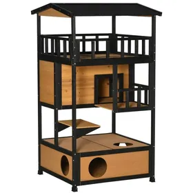 Meilleurs prix pour Niche Maison Pour Chat Bois Sapin 4 Niveaux + Escaliers Toit Asphalte Résistant Hiver 75.5x75x137cm Jaune - Extérieur