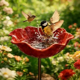 Comparer les prix de Bac à Eau pour Oiseaux Forme Fleur Rouge - Mangeoire Extérieure - Ø 15 cm H 65 cm