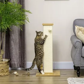 Meilleurs prix pour Poteau Griffoir 80cm KIMFEAD avec Balle Suspendue et Socle en Bois - Arbre à Chat Stable et Élégant - Chêne et Beige