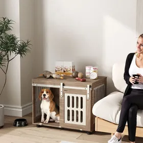 Comparer les prix de Meuble cage pour chien avec porte coulissante maison pour chien de moyenne table dappoint 80 x 59 x 63 cm noyer
