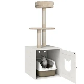 Meilleurs prix pour Arbre à chat avec maison de toilettes - PawHut - 2-en-1 - 129 cm - avec cache-litière, poteaux à griffer, lit - crème