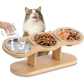 Comparer les prix de Lot de 3 Gamelles surélevées pour Chat - Hauteur Réglable - Support en Bois - Gamelles en Acier Inoxydable - Pour Eau et Nourriture
