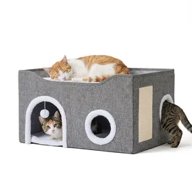 Comparer les prix de Relaxdays grotte pour chat H x L x P : 34 x 60 x 40 cm griffoir balle de jeu 2 coussins pliable grise
